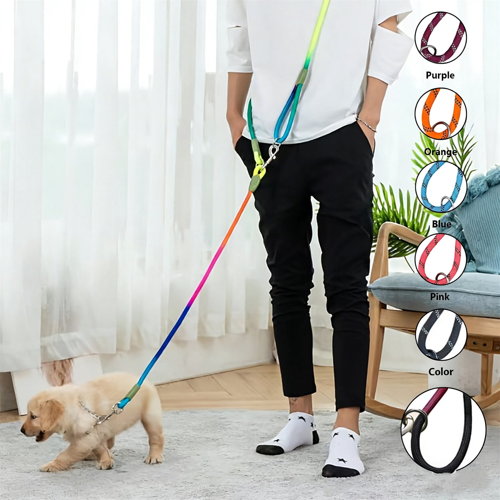 Pet Dog Leash, Nylon Round Rope with Reflective Strip, Adjustable Crossbody Design for Small Medium Large Dogs, Black