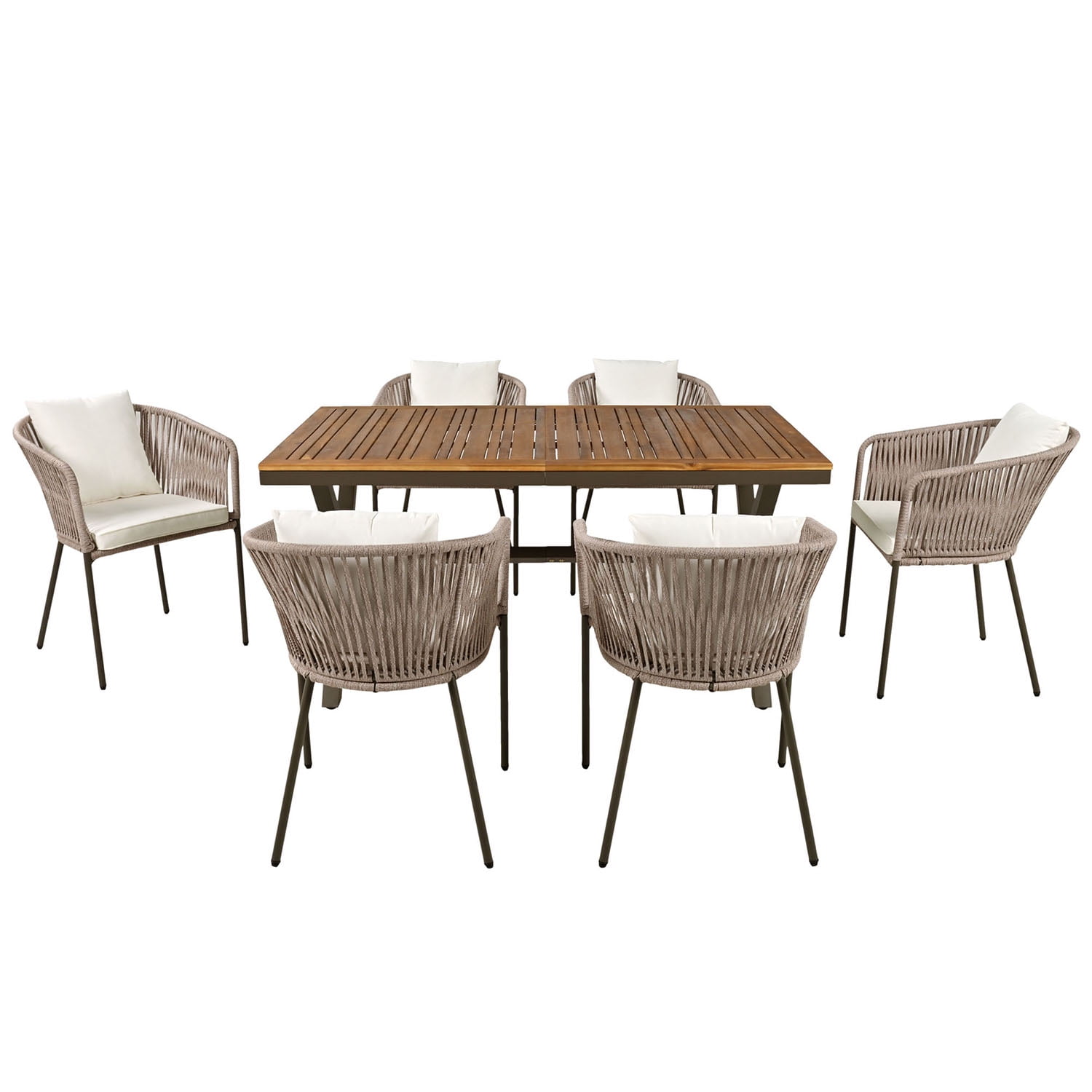 Aimee Lii 7 Pieces Outdoor Patio Dining Set Acacia Wood Garden Table with Umbrella Hole and Rope Metal Frame Chairs, Outdoor Furniture Set, Beige Aimee Lii 7 Pieces Outdoor Patio Dining Set Acacia Wood Garden Table with Umbrella Hole and Rope Metal Frame Chairs, Outdoor Furniture Set, Beige