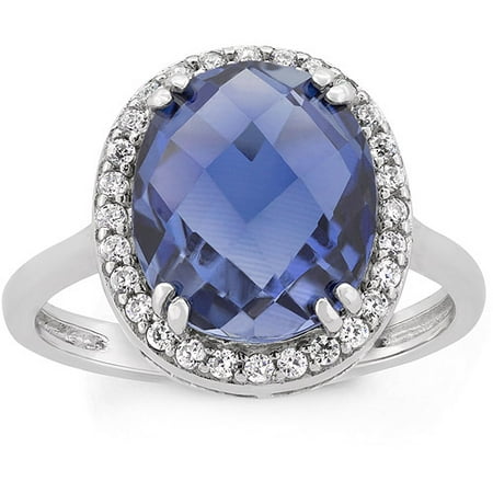 Created Sapphire and Cubic Zirconia Sterling Silver Oval Halo Ring