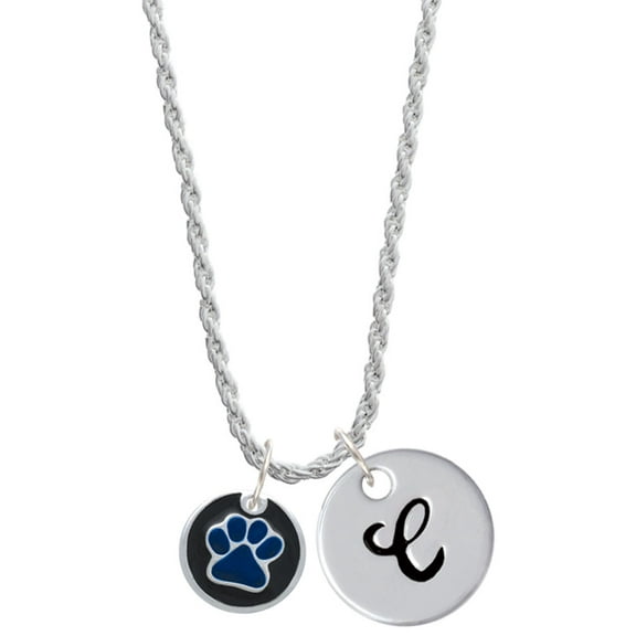 Delight Jewelry Silvertone Royal Blue Paw on Black Disc Silvertone Script Initial Disc - C - Charm Necklace, 20"+3"