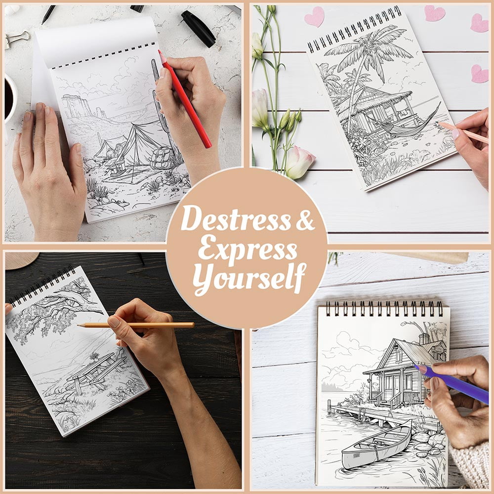 Netecom Amazing Holiday Destinations Coloring Book Spiral Bound for Adults, A5 Wooden Cover, 30 Peaceful Coloring Pages of Natural Landscapes for Stress Relief and Relaxation