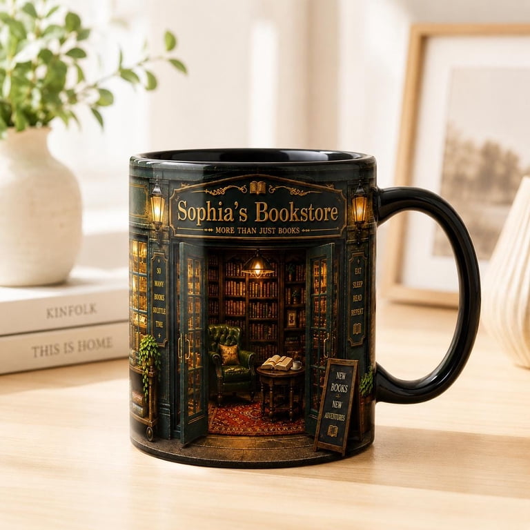 Personalized 3D Effect Bookstore Accent Mug, Vintage Bookshelf Library Coffee Cup, Custom Name Book Lover Gift, Bookish Gifts For Reader