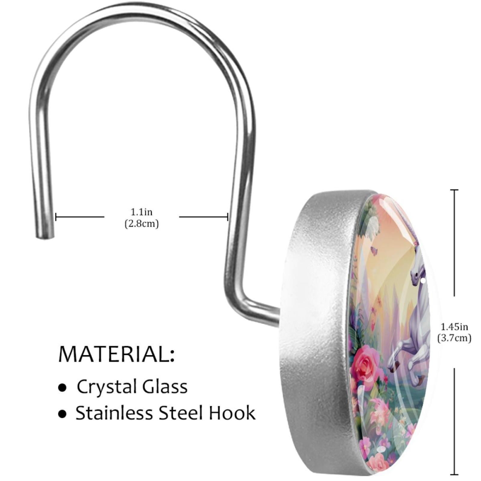 Unicorn Shower Curtain Hooks （Set of 12） for Home Hotel Shower Rods Bathroom Crystal Glass Print Stainless Steel Round Curtain Hooks