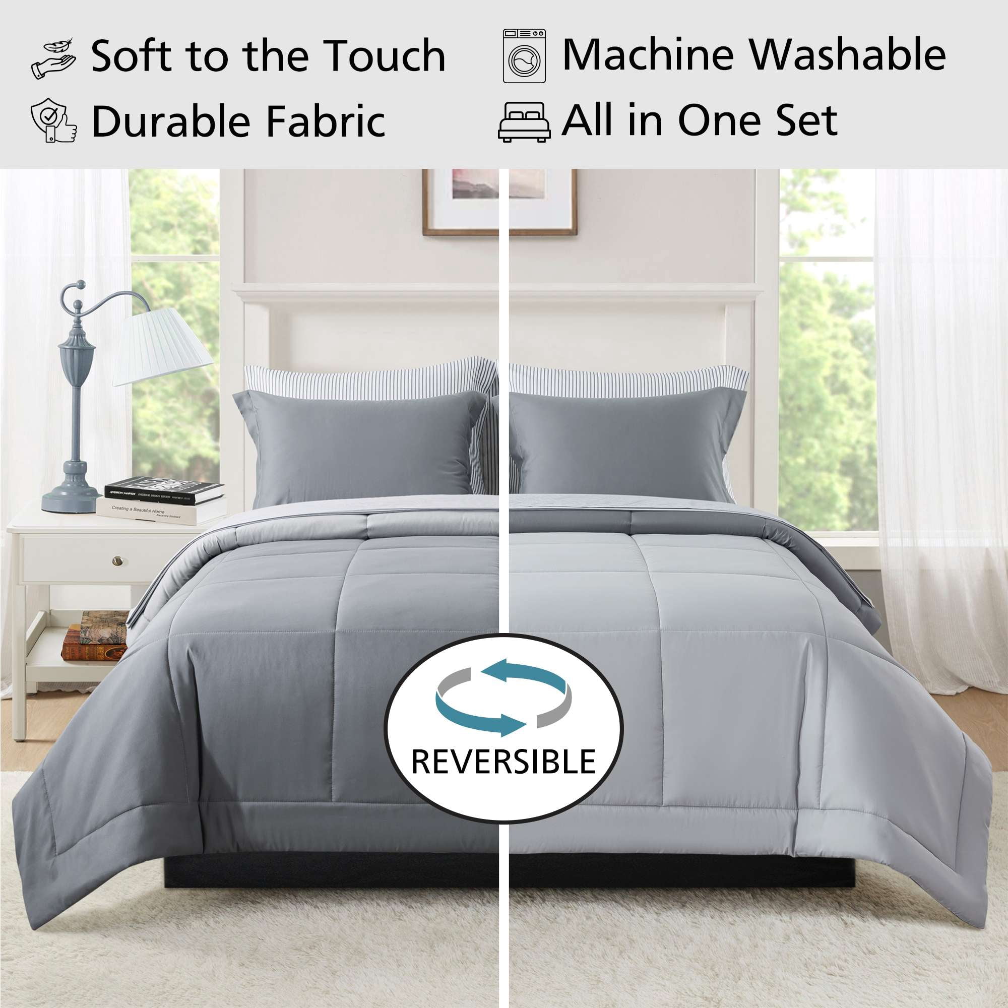 Mainstays All in One Reversible Comforter and Sheet Set, 7-Piece, King, Gray