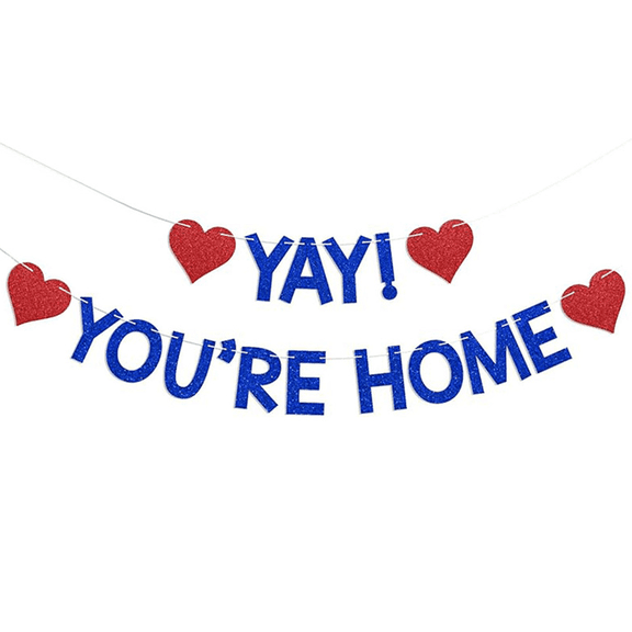 Yay! You're Home Banner, Blue Glitter Letters with Red Glitter Hearts, Welcome Home Party Decoration