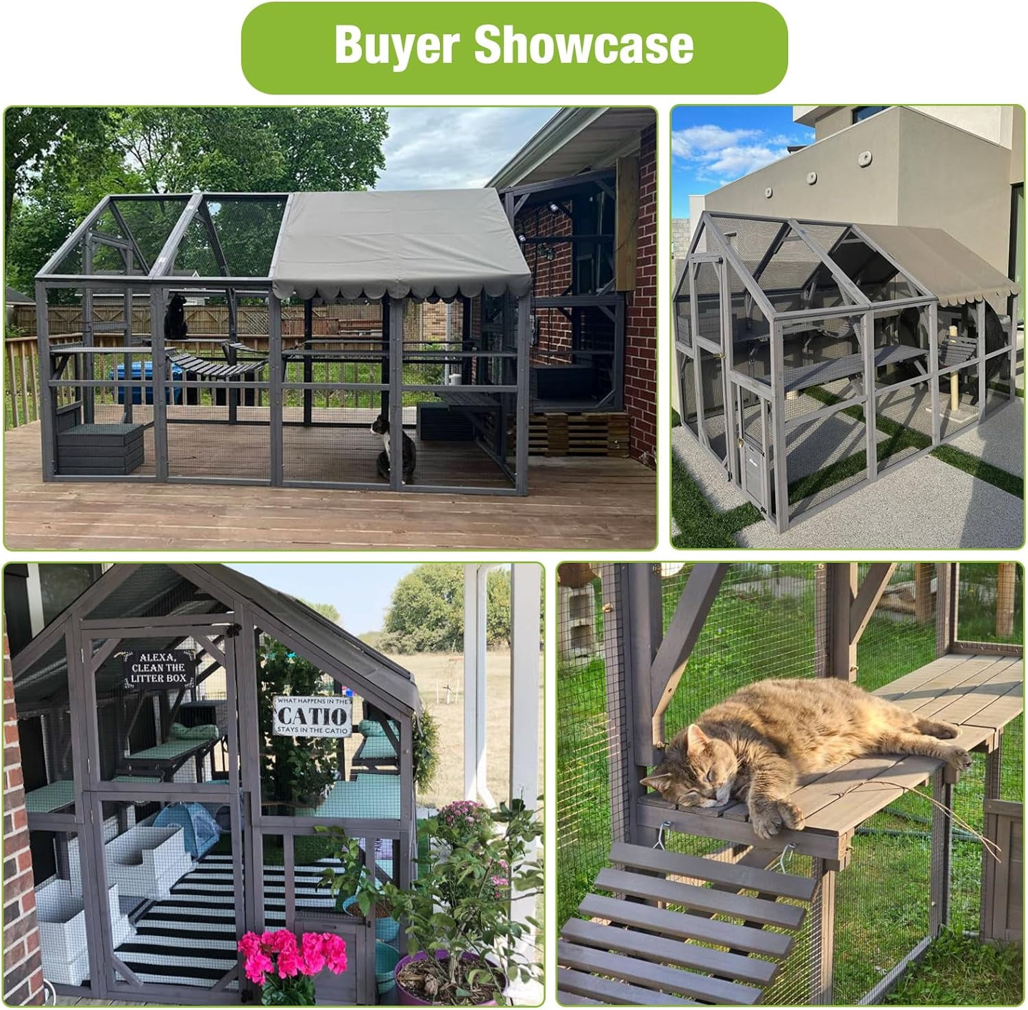 ZephyPaws 111 in Large Catio Outdoor Cat Enclosures,Wooden Cat House with Rest Houses,Platforms,Bridge and Waterproof UV Cover,Gray