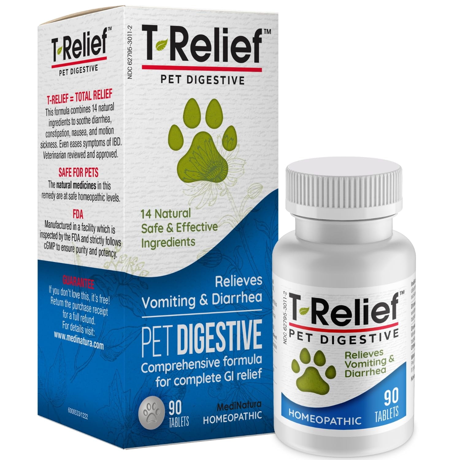T-Relief Pet Digestive Complete GI Relief for Dog & Cat Soothing Aloe + 13 Natural Homeopathic Actives - 90 Tablets