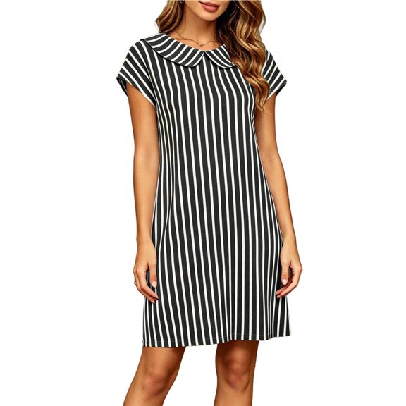 Iyufng Striped Straight Cut Short Dresses for Women with Short Sleeves, Peter Pan Collar and Pockets