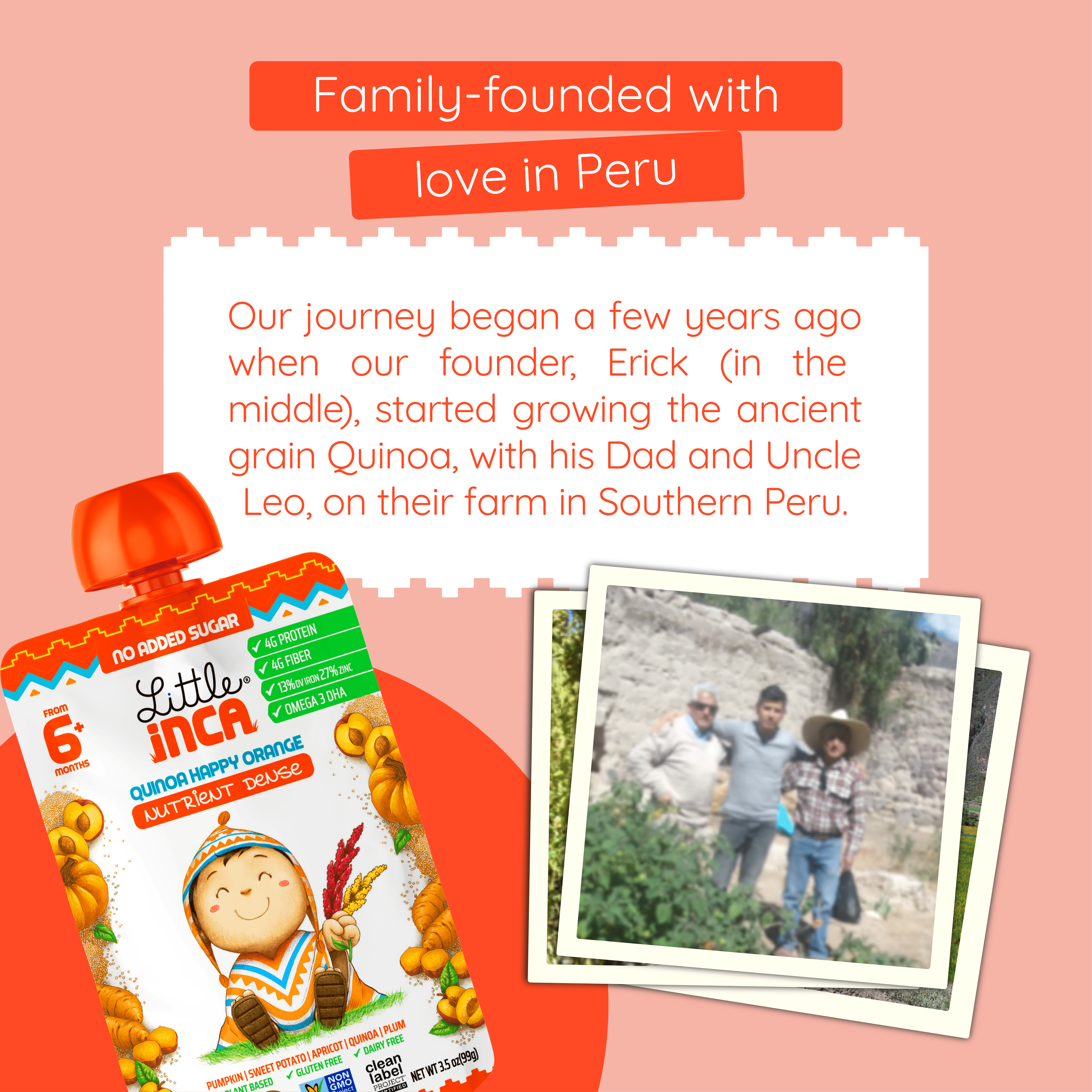 Little Inca Stage 2 Baby Food Pouches, Quinoa Happy Orange Baby Puree, Plant Based High Protein, Dairy-Free, 6 x 3.5oz