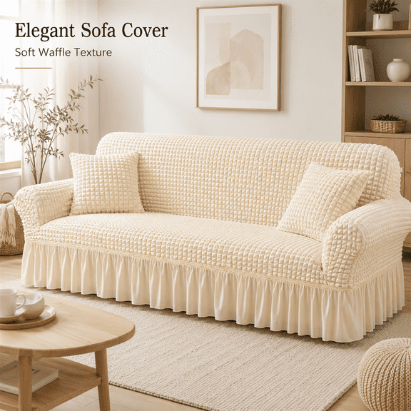 MORAVE All-Inclusive Seersucker Elastic Universal Sofa Covers, Lazy Couch Cover with Lace Skirt Edge, Washable for Living Room Lounge Rv