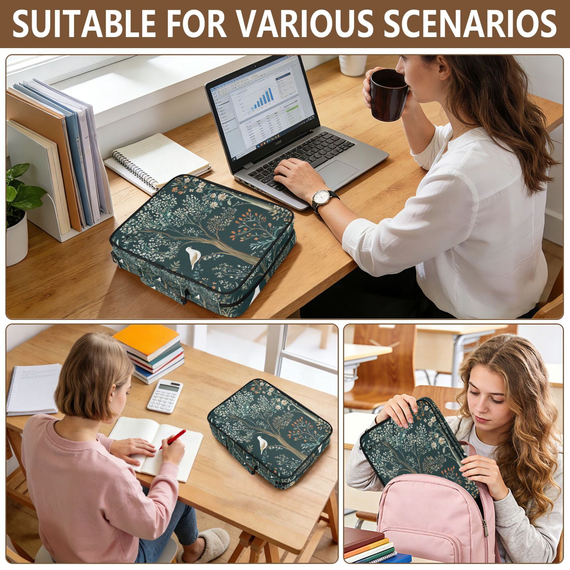 FORMRS Accordion File Folder A4 Size 7-Pocket Expanding Document Organizer Bag with 3 Ring Binder, Floral Forest Scene