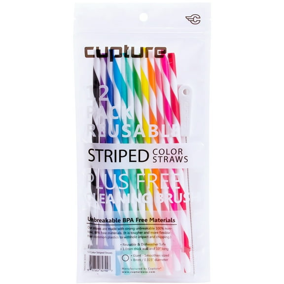 Cupture® Reusable & Unbreakable Color Striped Straws - 12 Count Free Brush