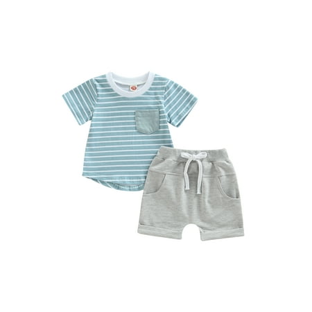 

Canis Baby Boys Shorts Set Short Sleeve Crew Neck Striped T-shirt + Shorts