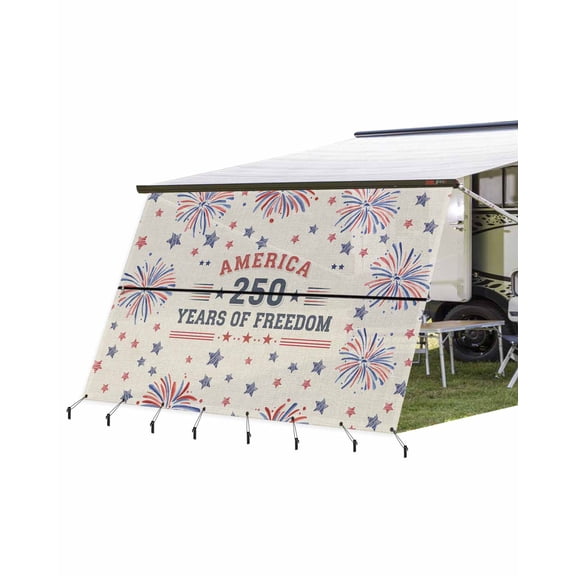 4th of July RV Awning Sun Shade Screen 9'X15.3' America 250 Years of Freedom Mesh Sunscreen Red Blue Stars Fireworks Awning Shade Screen with Zipper UV Blocker Completed Kits for RV Motorhome Camper