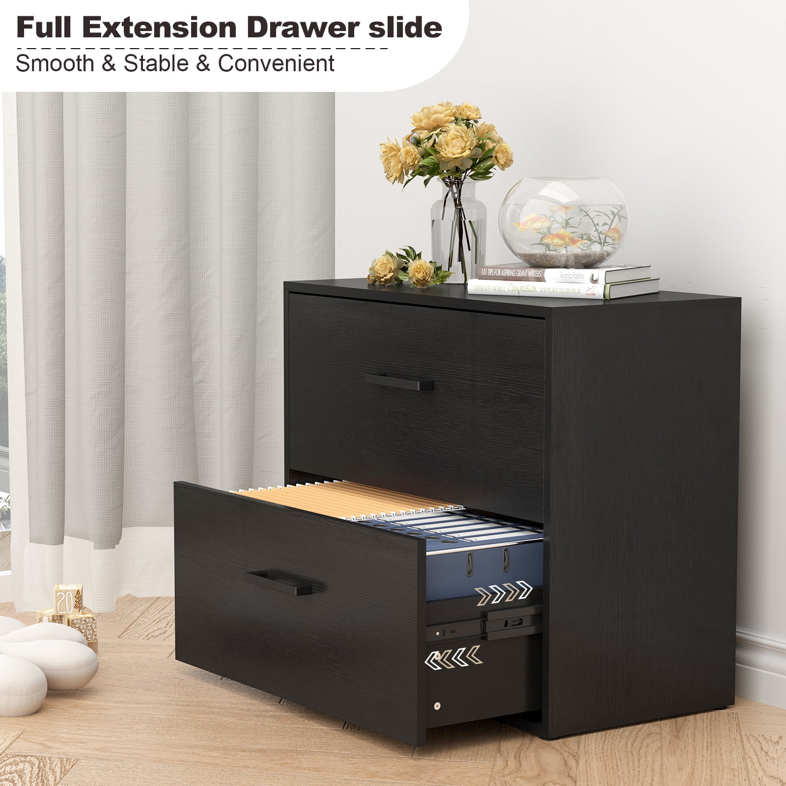 Marcree Lateral File Cabinet, Wood Black File Cabinet with Hanging Bars for Letters, Horizontal File Cabinets for Home Office, Black