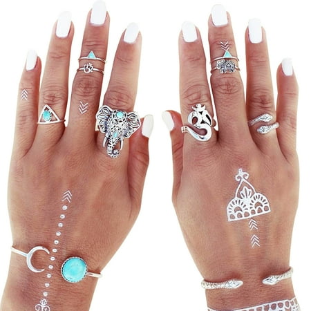 Vintage Gumball Ring - Women Vintage Retro Snake Elephant Kylin Finger Joint Knuckle Nail Rings Set of 8pcs