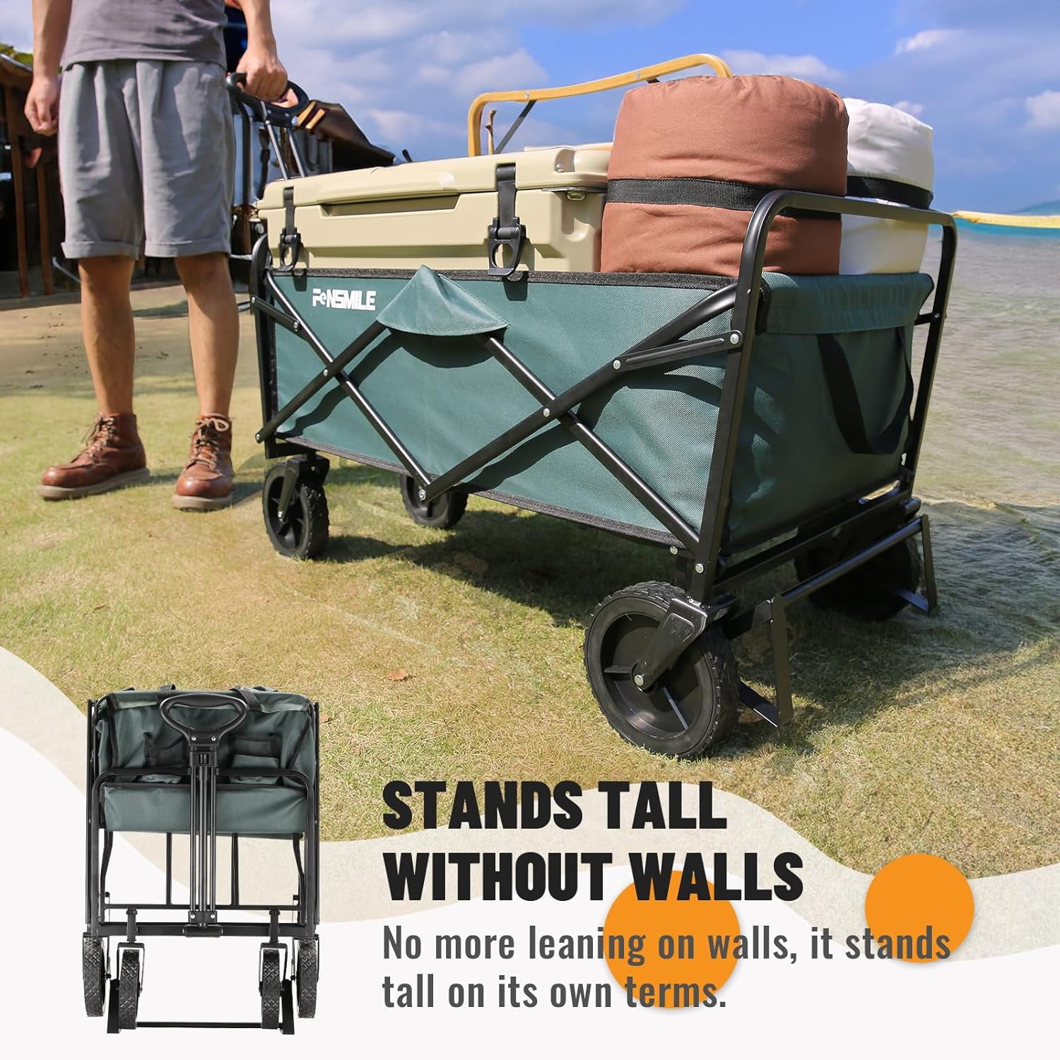 Collapsible Folding Wagon, Foldable Utility Cart for Outdoor Camping, Grocery, Sports, Beach - All Terrain Heavy Duty 220Lbs Capacity