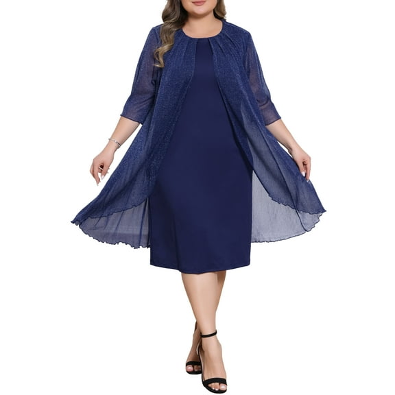 Agnes Orinda Women's Plus Size Easter Cocktail Dress Sequin Mesh Cape Overlay Crew Neck Wedding Guest Foral Midi Pencil Bodycon Dress 4X Navy Blue