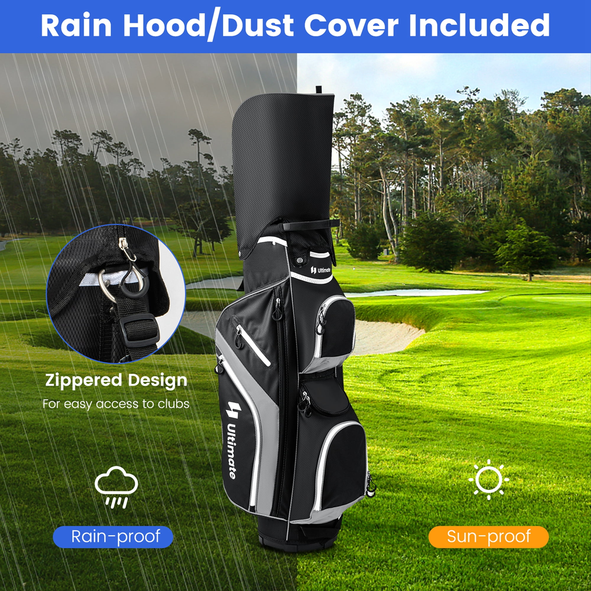 Costway Lightweight Golf Cart Bag with 14 Way Top Dividers 9 Pockets Rain Hood Cooler Bag Grey