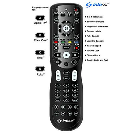 Inteset 4-in-1 Universal Backlit IR Learning Remote for use with Apple TV, Xbox One, Roku, Media Center/Kodi, Nvidia Shield, most Streamers and other A/V