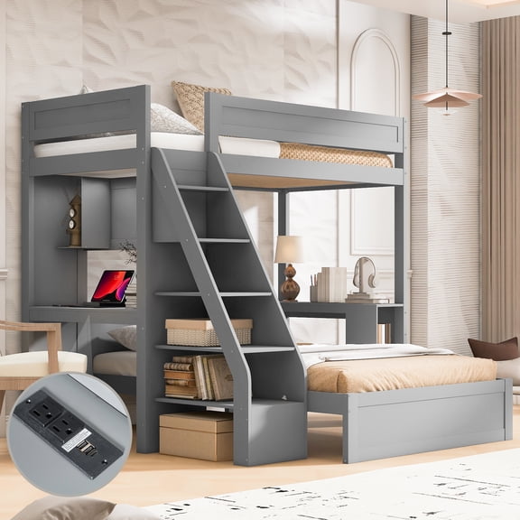 Harper & Bright Designs Twin XL Over Full L Shaped Bunk Bed with Stairs and 2 Desk & USB Charging Station, Solid Wood Separable L-Shaped Bunk Bed with Storage Shelves, Gray