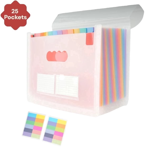 25- Pocket Expanding File Folders for Paper Receipts, Bills&Taxes Organizer, Letter/A4 Size Document Holder for School, Office, Home with Colorful tabs- Transparent