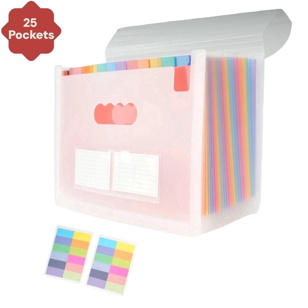 25- Pocket Expanding File Folders for Paper Receipts, Bills&Taxes Organizer, Letter/A4 Size Document Holder for School, Office, Home with Colorful tabs- Transparent
