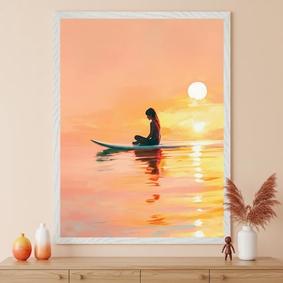 Sunset Surfer Girl Art Print, Minimalist Ocean Wall Decor, Coastal Surfboard Illustration, Zen Sea Horizon Poster, Beach House Decor Unframed Paper Print