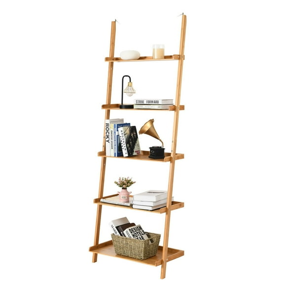 LINJH 5-Tier Ladder Shelf Bamboo Bookshelf Wall-Leaning Storage Display Plant Stand