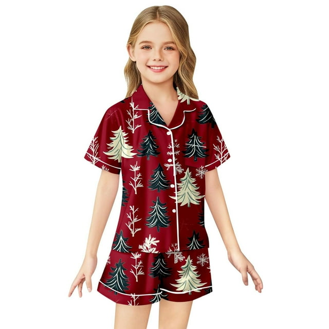 WENXIAOO Pyjama de Noël pour Garçons, Pyjama du Père Noël pour Garçons, Ensemble de Pyjama en Soie à Manches Courtes 2 Pcs, Pyjama des Fêtes pour Enfants, Pyjama pour Garçon Taille 10-11 Ans