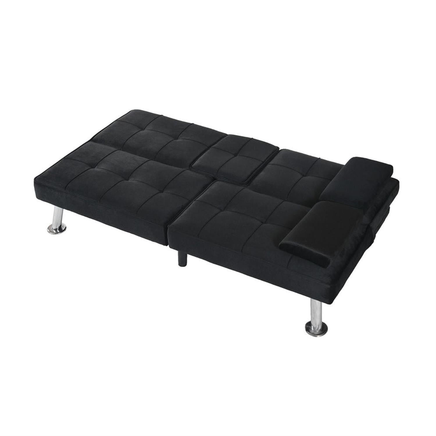 Demi Bonn Futon Sofa Bed, Velvet Futon Couch for Living Room, Recliner Sleeper Sofa with 2 Cup Holders, Removable Armrests, Metal Legs, Black