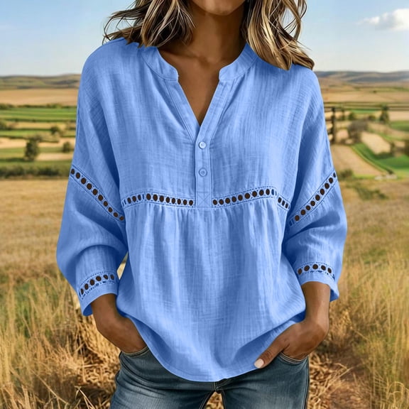 thefmos Women Plus Size Fall Winter V Neck 3/4 Sleeve Eyelet Casual Blouses Loose Pullover Tops Solid Dressy Tunic Tee, Blue S