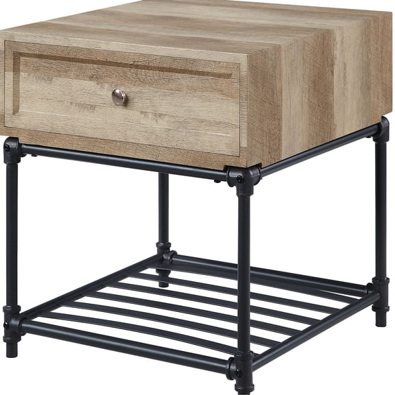 Industrial Rustic End Table With Shelf, Sandy Black And Oak Finish Rectangular In Fashion, Surface