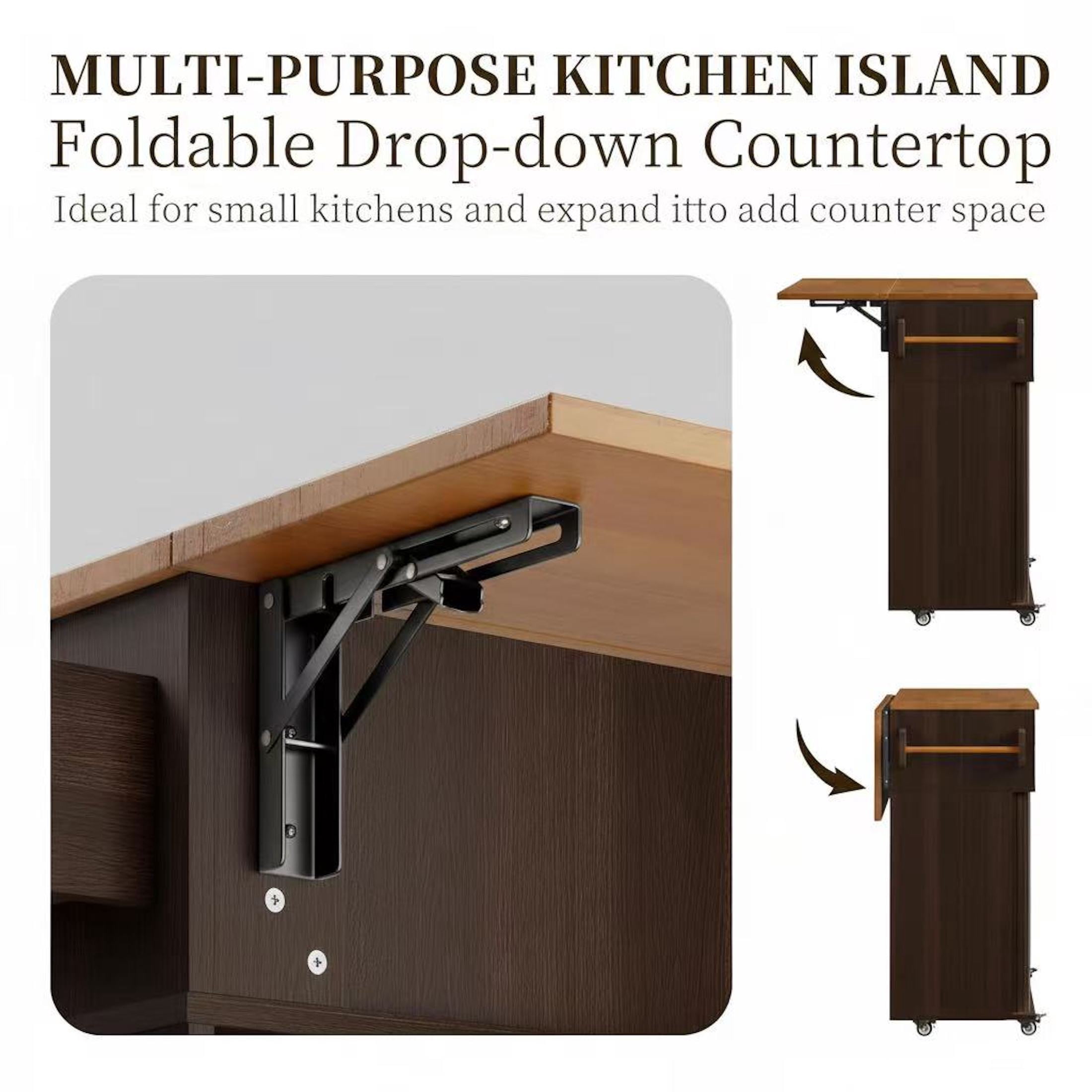 AISWORD Rolling Kitchen Island with Drop Leaf, Sliding Door, Drawers & Spice Rack, Brown