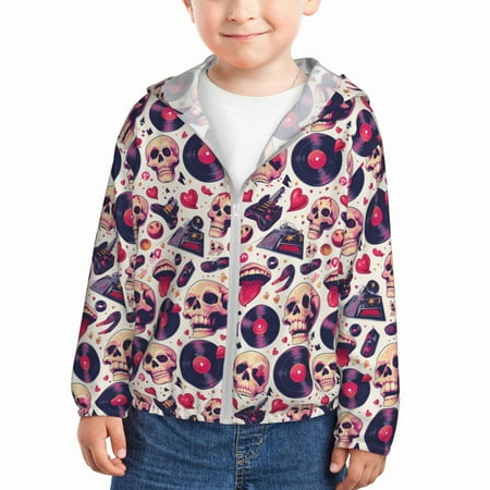 

Ocsxa Skull lips record Guitar Print Kids Active Zipper Sun Protection Jacket Boys Girls Hooded Cooling Shirt-4 Years