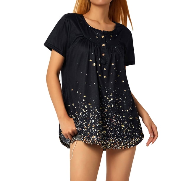 Sunloudy - Camiseta larga con cuello henley para mujer, camisetas de manga corta con estampado de flores, rayas, llamas y oro Sunloudy S M L XL XXL