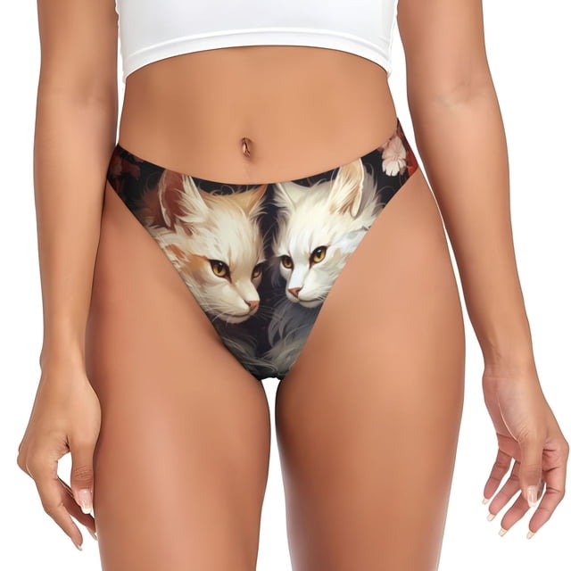 Balery Flower Cat Couple Tangas de Algodón para Mujer con Estampado – Ropa Interior Sexy, Transpirable, G-string-Medium