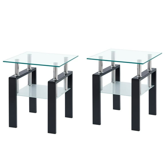 Hassch Glass Side Tables Set of 2, 2-Tier Modern Clear Glass Top Corner Table Living Room Side Table with Black Metal Leg for Living Room, Dining Room, Bedroom (2 Pack)