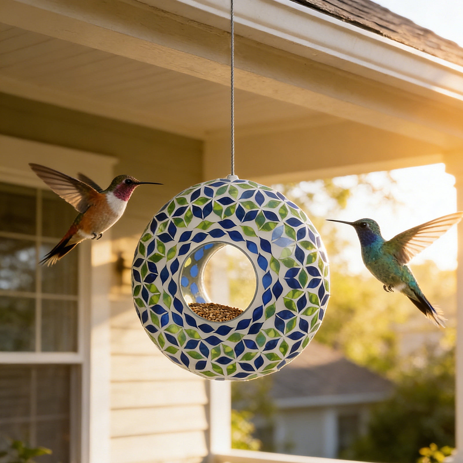 SHENGXINY Hummingbird Feeder for Outdoor Hanging,Hanging Stained Glass Hummingbirds Feeder Leaf Patterns Diamond-Cut Painteds Glass Ring Designs Outdoor Garden Patio Wilds Birds Nectars Station Blue