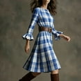 thumbnail image 4 of AUNVITO Women's Plaid Pleated Dress with Round Neck and Bell Sleeves Mid-Length Casual Style, 4 of 8