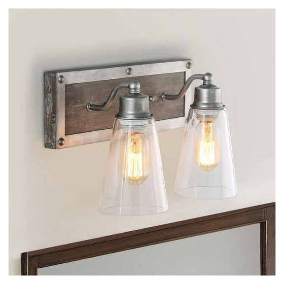 HeSLehs 2 Lights Bathroom Lighting in Real Distressed Wood and Brushed Antique Silver Finish with Cone Clear Glass Shades, 14.1" Vanity Light Fixture