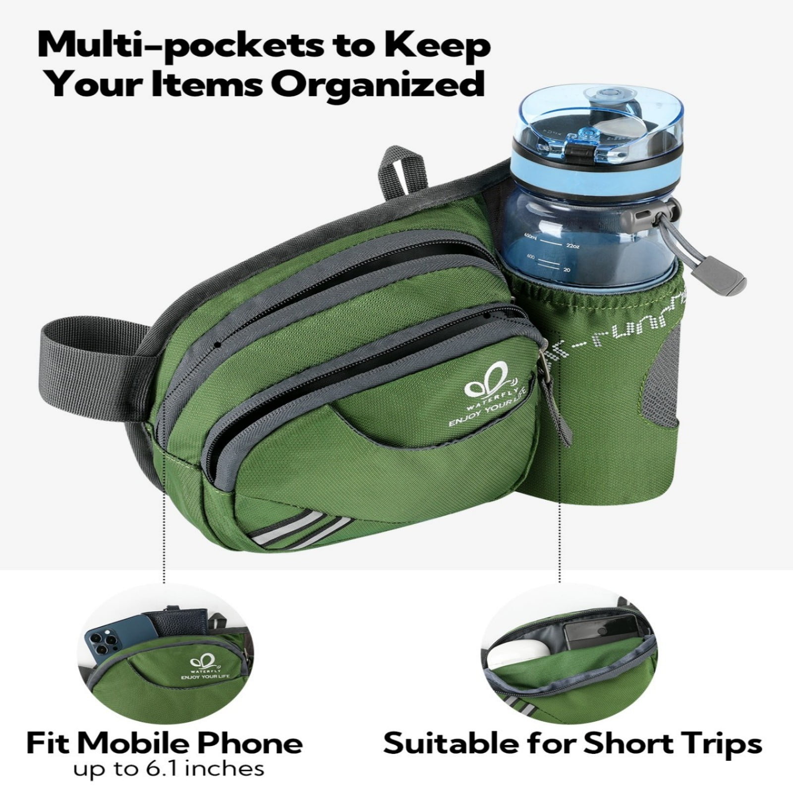 WATERFLY Unisex 3.5L Nylon Fanny Packs with a Water Bottle Holder Travelling Hiking Walking,Army Green