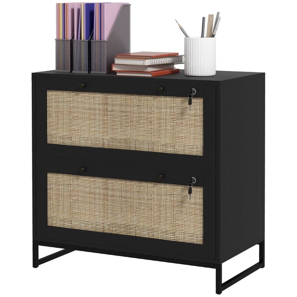Black 2-Drawer Rattan Filing Cabinet with Lock – Boho Office Storage for Living Room, Bedroom & Home Office – 29.5” Wide