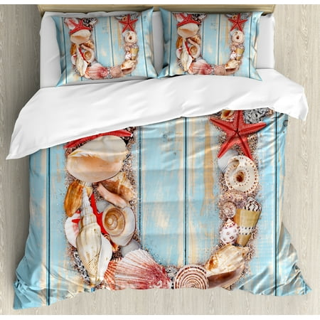 Coastal Life Bedding Letter U Queen Size Duvet Cover Set, Underwater Wildlife Coastal Design of U Alphabet Words Language, Decorative 3 Piece Bedding Set with 2 Pillow Shams, Pale Blue Ivory Dark Coral, by Ambesonne ()