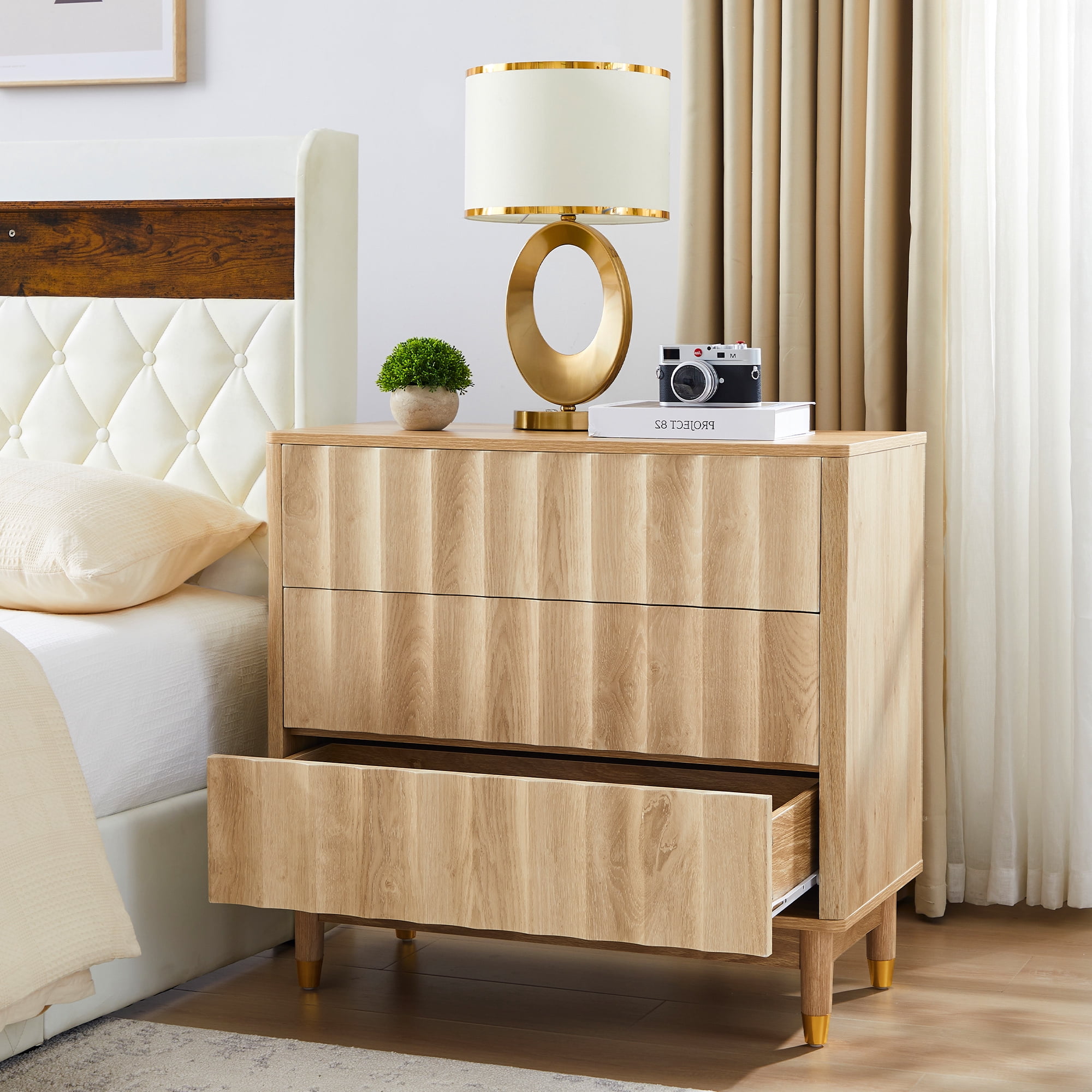 LEFHDA 31.5" Dresser Fluted 3 Drawer Dresser, Small Modern Chest of Drawers, Wood Storage Dressers Organizer Storage Cabinet for Bedroom Living Room Hallway Entryway