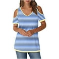 thumbnail image 2 of Puntoco Liquidación de blusas cortas para mujer Blusa de moda con escote en V, hombros descubiertos y manga corta con estampado de rayas para mujer, 2 of 5