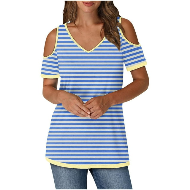 Tops de Algodón para Mujeres Tira Impresa Manga Corta Cuello en V Fuera Del Hombro, Top de Moda para el Uso Diario