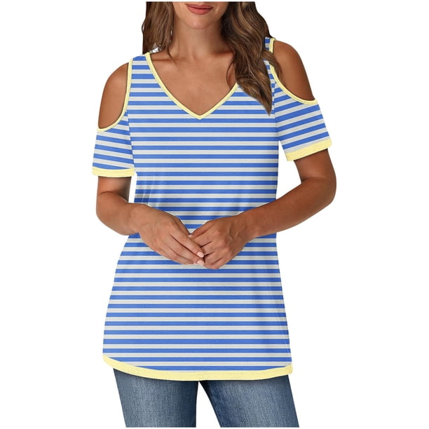Tops de Algodón para Mujeres Tira Impresa Manga Corta Cuello en V Fuera Del Hombro, Top de Moda para el Uso Diario
