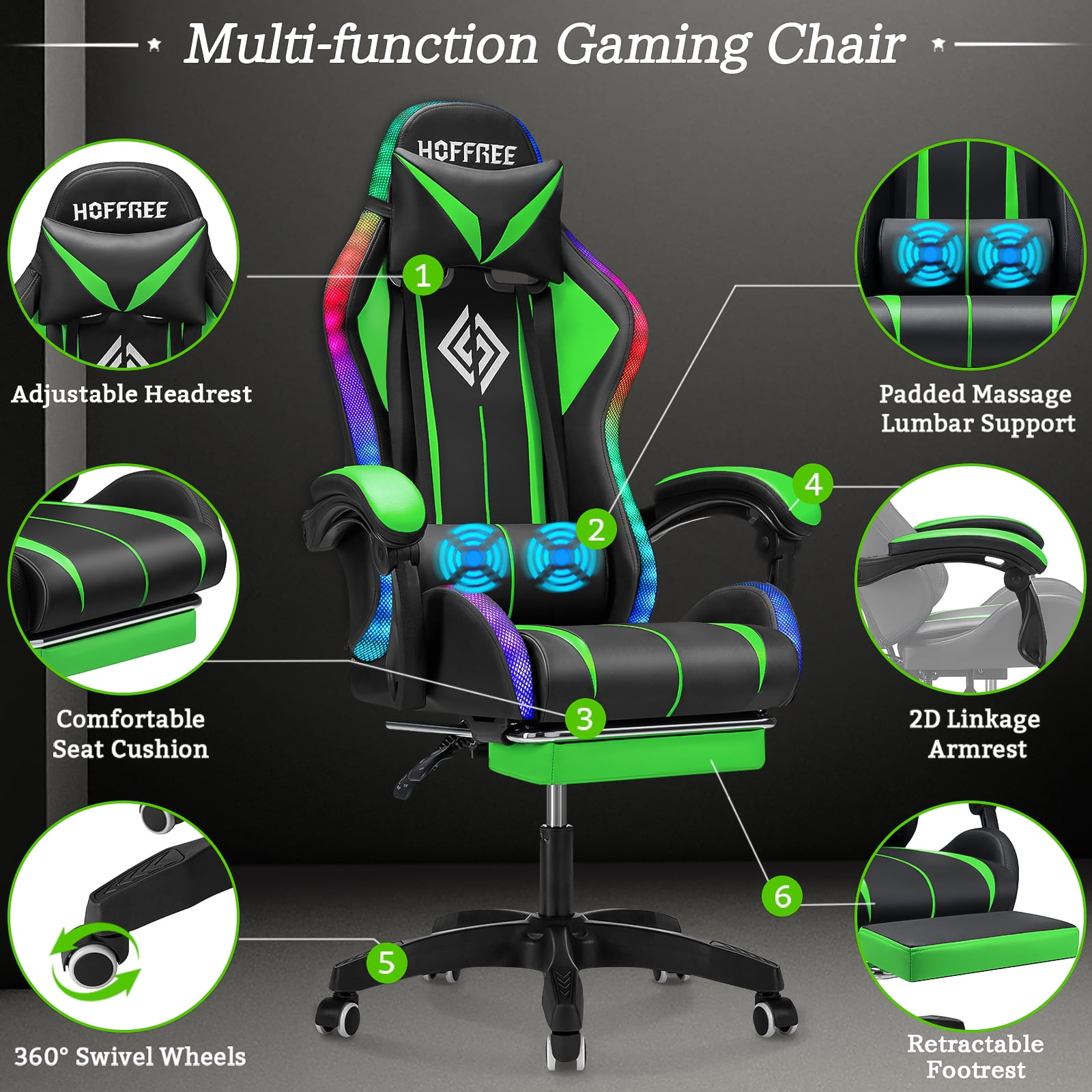 Hoffree Gaming Chair with Bluetooth Speakers and Footrest Massage Office Chair with LED Lights Ergonomic Game Chair High Back with Lumbar Support and Headrest Adjustable Swivel for Adults 300lb