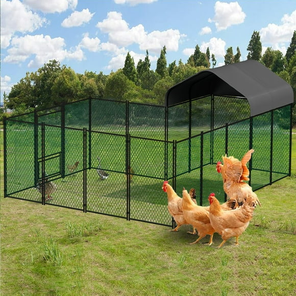 DIY Chicken Cage Walk-in Chicken Coop Pen Run Poultry Cage Outdoor Metal Fence with Cover, 10.2' L x 12.9' W x 3.6' H